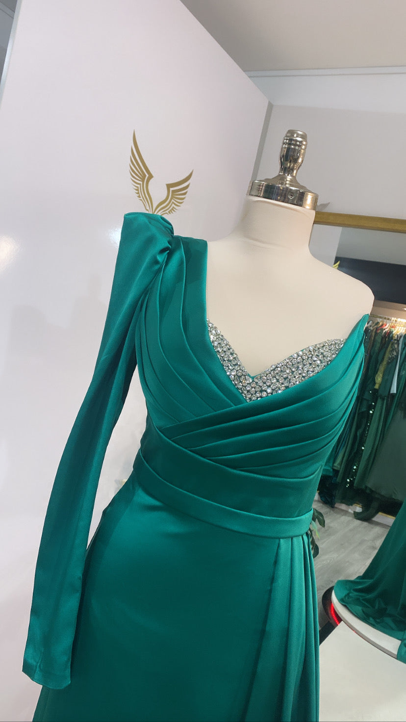 Elegant green dress one sleeve with split Zayna Dresses Elegant green dress one sleeve with split Zayna Dresses