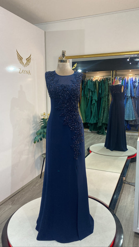 Elegant dark blue dress decorated with beads